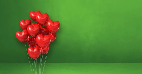 Bando Balões Forma Coração Vermelho Fundo Parede Verde Bandeira Horizontal — Fotografia de Stock