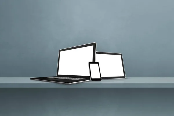 Laptop Handy Und Digitaler Tablet Grauen Wandregal Horizontaler Hintergrund Illustration — Stockfoto