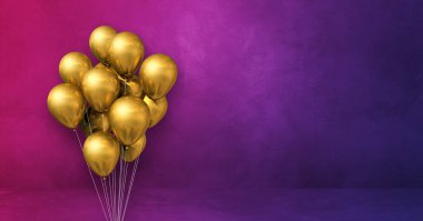 Mor arka planda altın balonlar. Yatay pankart. 3B illüstrasyon oluşturucu