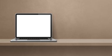 Kahverengi raf arkaplanındaki dizüstü bilgisayar. 3B Görüntü