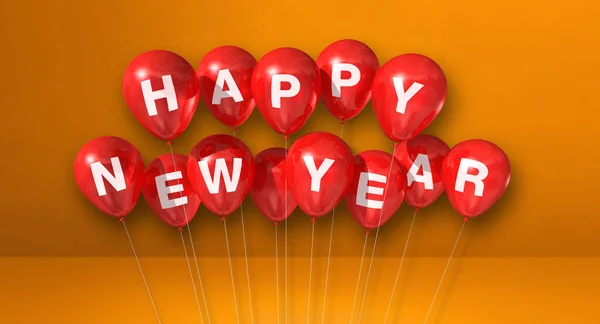 Red Happy New Year Balloons Bunch Orange Concrete Background Horizontal — Stock Photo, Image