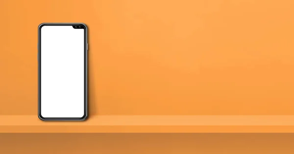 Мобильный Телефон Полке Оранжевой Стеной Горизонтальный Фоновый Баннер Моделирование — стоковое фото
