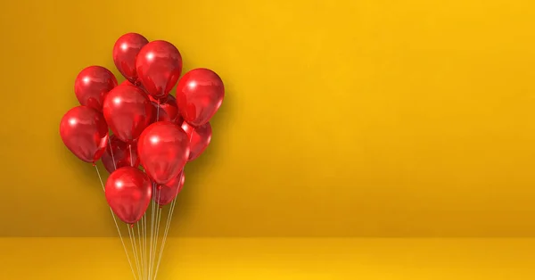 Manojo Globos Rojos Sobre Fondo Pared Amarillo Banner Horizontal Renderizado — Foto de Stock