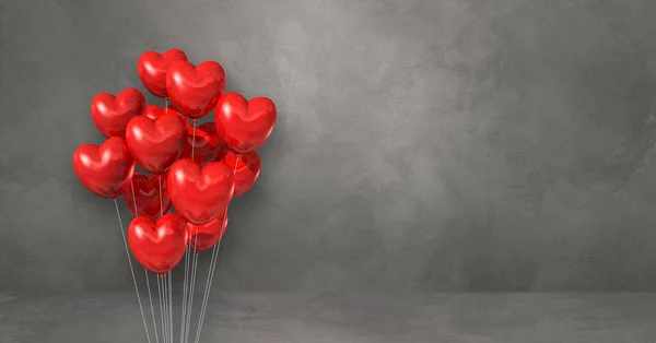红色的心形气球堆在灰色的墙壁背景上 横向横幅 3D插图渲染 — 图库照片
