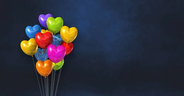 Colorati Palloncini Forma Cuore Grappolo Uno Sfondo Nero Parete Bandiera — Foto Stock