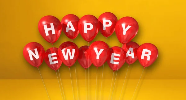 Red Happy New Year Balloons Bunch Yellow Concrete Background Horizontal — Stock Photo, Image