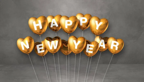 Altın Rengi Mutlu Yeni Yıl Kalp Şekilli Balonlar Gri Beton — Stok fotoğraf