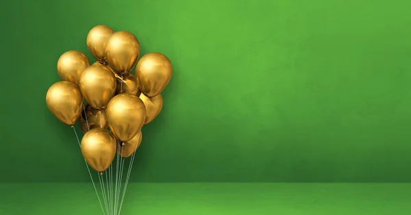 Balões Ouro Fundo Parede Verde Bandeira Horizontal Renderização Ilustração — Fotografia de Stock
