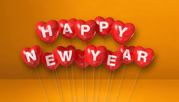 Rot Frohes Neues Jahr Herzförmige Luftballons Auf Orangefarbenem Betonhintergrund Horizontale — Stockfoto