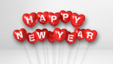 Kırmızı mutlu yeni yıl balonları beyaz beton arka planda şekillendirir. Yatay pankart. 3B illüstrasyon oluşturucu