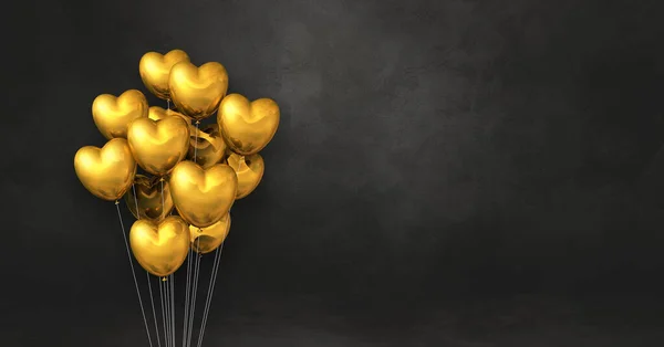 Gold Heart Shape Balloons Bunch Black Wall Background Horizontal Banner — Stock Photo, Image