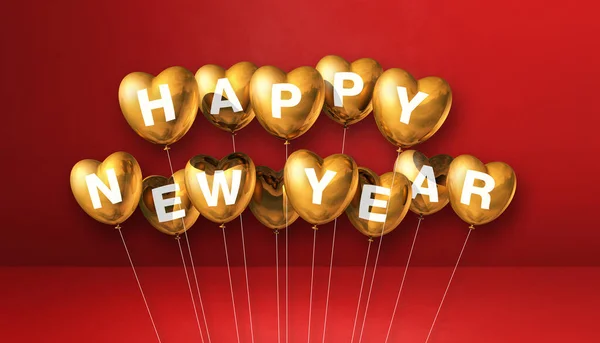 Gold Happy New Year Heart Shape Balloons Red Concrete Background — Stock Photo, Image