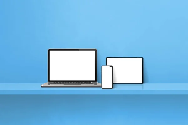 青い壁の棚にノートパソコン 携帯電話 デジタルタブレットPc 水平の背景 3Dイラスト — ストック写真