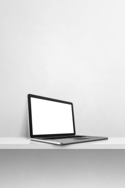 Laptop bilgisayarı beyaz beton rafta. Dikey arkaplan. 3B Görüntü