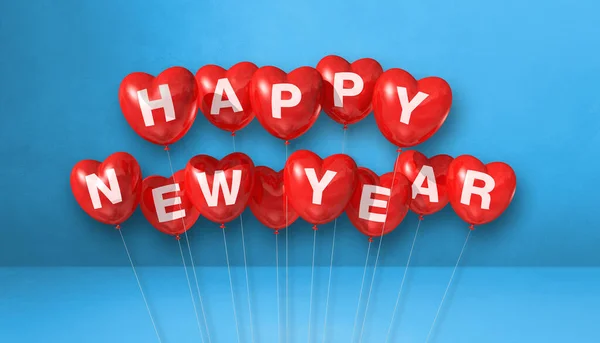 红色快乐新年心形气球 蓝色混凝土背景 横向横幅 3D插图渲染 — 图库照片