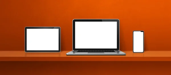 Laptop Mobiele Telefoon Digitale Tablet Oranje Wandrek Banner Achtergrond Illustratie — Stockfoto