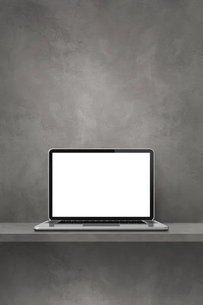 笔记本电脑在灰色架子上 垂直背景 3D说明 — 图库照片