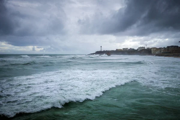 Seaside Beach City Biarritz Storm Panoramic Landscape Stock Photo