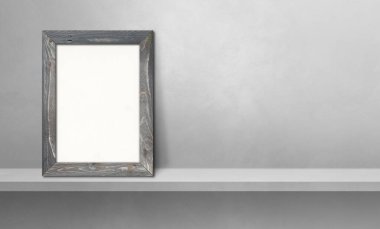 Gri bir rafa yaslanmış ahşap resim çerçevesi. 3 boyutlu illüstrasyon. Boş model şablonu. Yatay Pankart