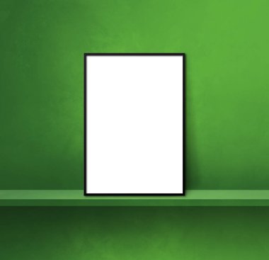 Yeşil bir rafa yaslanmış siyah resim çerçevesi. 3 boyutlu illüstrasyon. Boş model şablonu. Kare arkaplan