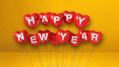 Kırmızı mutlu yeni yıl kalp şekilli balonlar sarı beton arka planda. Yatay pankart. 3B illüstrasyon oluşturucu