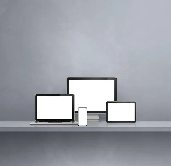 笔记本电脑 手机和数字平板电脑 灰色墙架背景 3D说明 — 图库照片