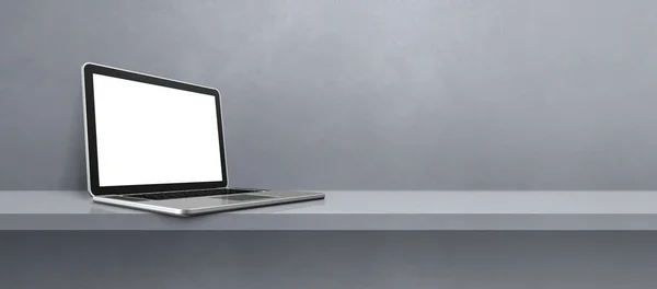 笔记本电脑在灰色架子背景横幅上 3D说明 — 图库照片