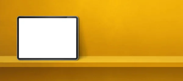 黄色の壁の棚にデジタルタブレットPc 水平の背景バナー 3Dイラスト — ストック写真