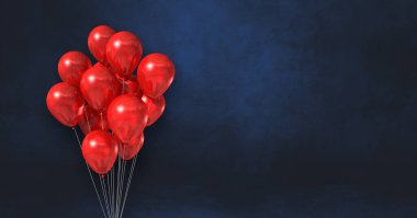 Kırmızı balonlar siyah duvar arka planında toplanıyor. Yatay pankart. 3B illüstrasyon oluşturucu