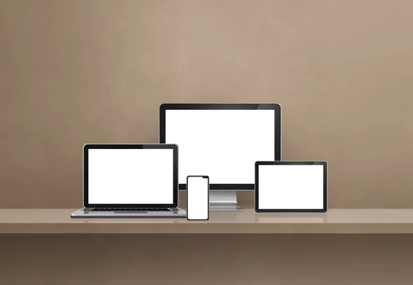 笔记本电脑 手机和数码平板电脑 褐色墙架横幅 3D说明 — 图库照片