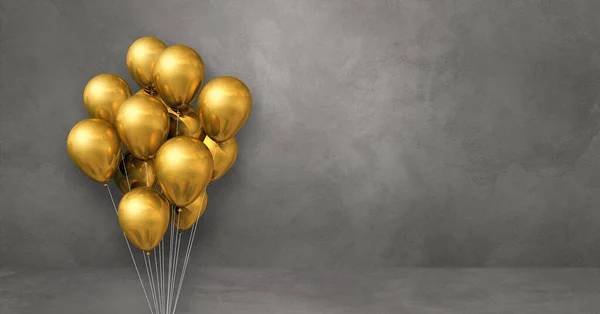 Gold Balloons Bunch Grey Wall Background Horizontal Banner Illustration Render — Stock Photo, Image