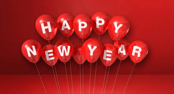 Happy New Year Balloons Bunch Red Concrete Background Horizontal Banner — Stockfoto