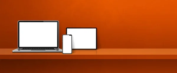 オレンジ色の壁の棚のラップトップ 携帯電話 デジタルタブレットPc バナーの背景 3Dイラスト — ストック写真