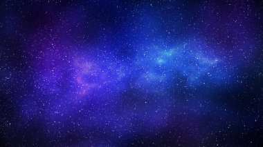 Gece yıldızlı gökyüzü ve parlak mavi galaksi, yatay arkaplan. Samanyolu ve evrenin 3D çizimi
