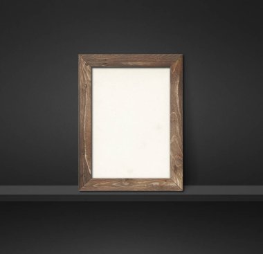 Siyah bir rafa yaslanmış ahşap çerçeve. 3 boyutlu illüstrasyon. Boş model şablonu. Kare arkaplan