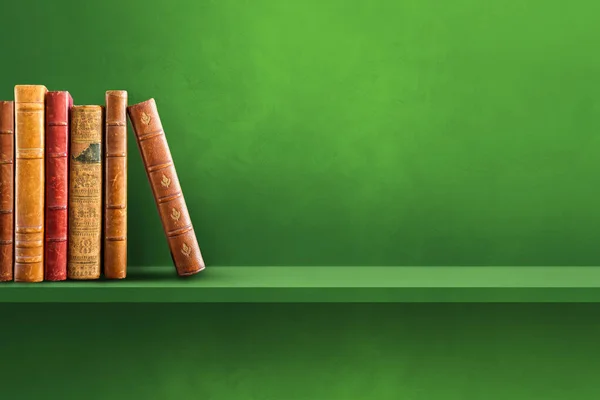 緑の棚に古い本の行 水平背景 — ストック写真