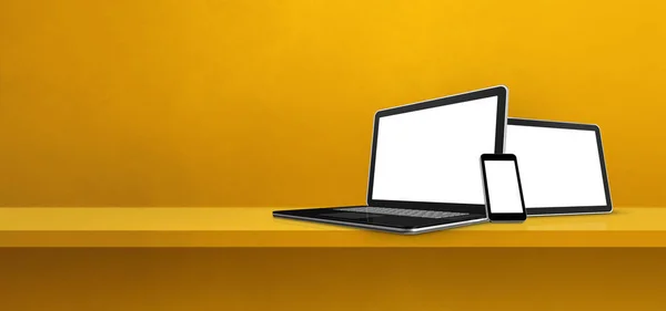 Laptop Handy Und Digitaler Tablet Gelben Wandregal Banner Hintergrund Illustration — Stockfoto
