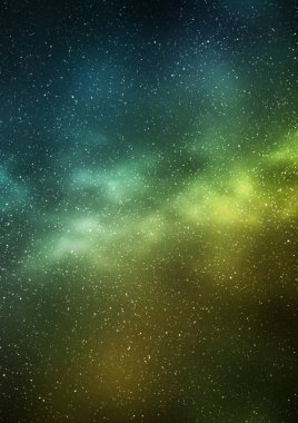 Gece yıldızlı gökyüzü ve parlak sarı yeşil galaksi, dikey arkaplan. Samanyolu ve evrenin 3D çizimi