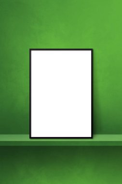 Yeşil bir rafa yaslanmış siyah resim çerçevesi. 3 boyutlu illüstrasyon. Boş model şablonu. Dikey arkaplan