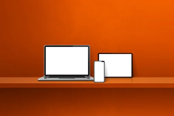 Laptop Mobile Phone Digital Tablet Orange Wall Shelf Horizontal Background — Stock Photo, Image