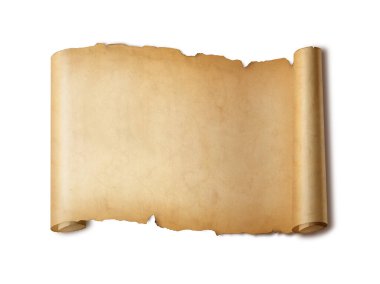 Eski ortaçağ kâğıtları. Yatay parşömen parşömeni, gölgeli beyaz arkaplanda izole edildi
