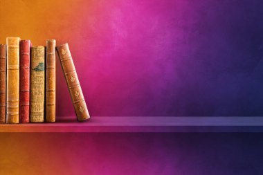 Row of old books on rainbow shelf. Horizontal background scene