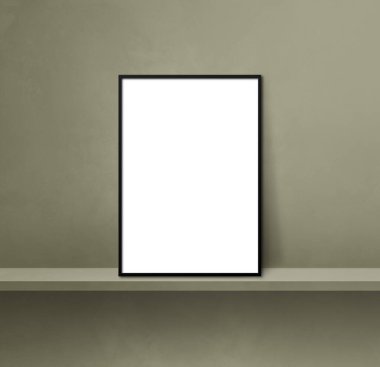 Yeşil bir rafa yaslanmış siyah resim çerçevesi. 3 boyutlu illüstrasyon. Boş model şablonu. Kare arkaplan