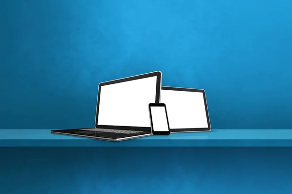 蓝墙架上的笔记本电脑 手机和数码平板电脑 横向背景 3D说明 — 图库照片