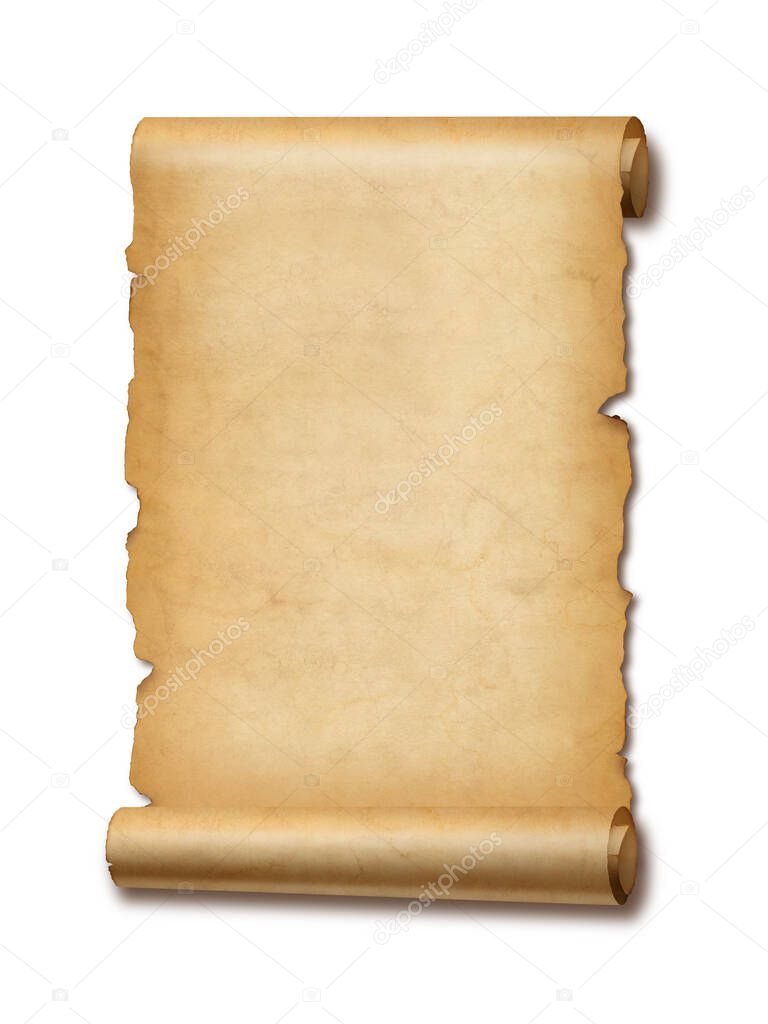Old mediaeval paper sheet. Parchment scroll isolated on white background with shadow