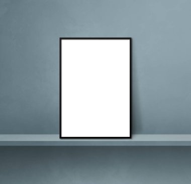 Gri bir rafa yaslanmış siyah resim çerçevesi. 3 boyutlu illüstrasyon. Boş model şablonu. Kare arkaplan