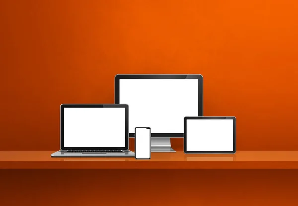 Computer Laptop Mobile Phone Digital Tablet Orange Wall Shelf Banner — Stock Photo, Image