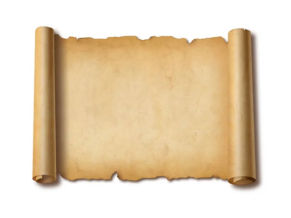 Régi Középkori Papírlap Vízszintes Pergamen Tekercs Elszigetelt Fehér Alapon Árnyék — Stock Fotó