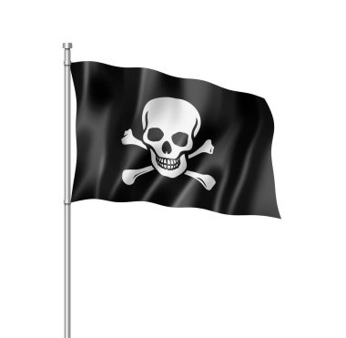 Korsan bayrağı, Jolly Roger, üç boyutlu render, üzerinde beyaz izole