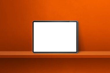 Turuncu duvar rafında dijital tablet var. Yatay arkaplan pankartı. 3B Görüntü